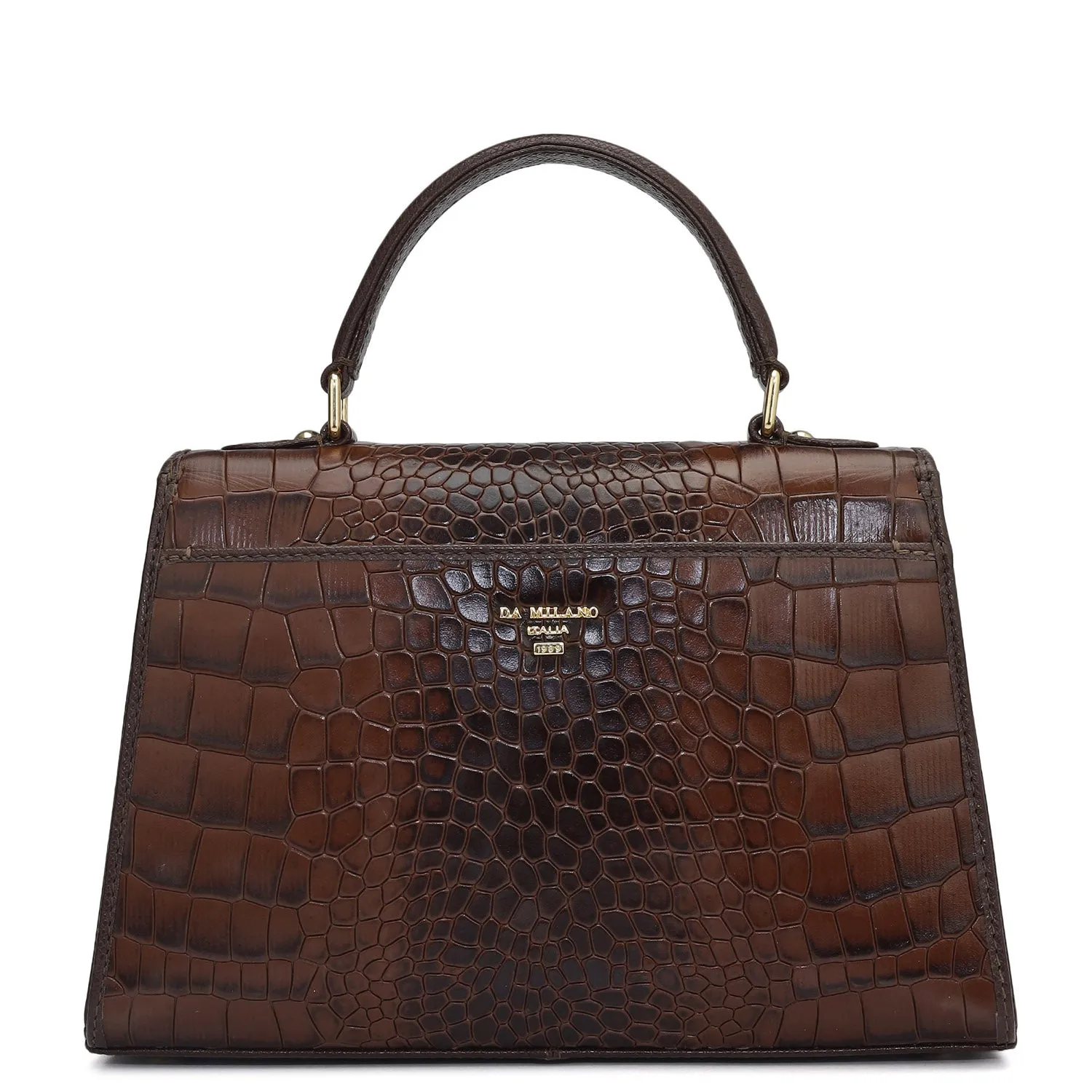 Small Croco Leather Satchel - Brown
