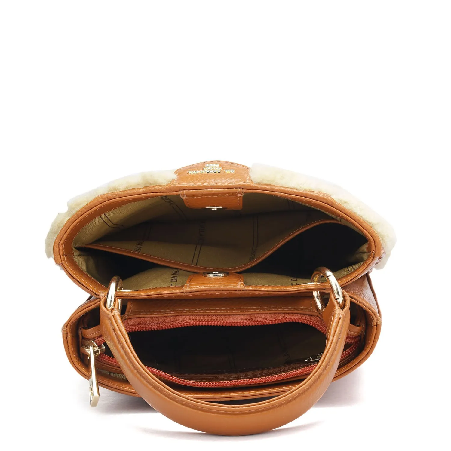 Small Fur Wax Leather Satchel - Orange