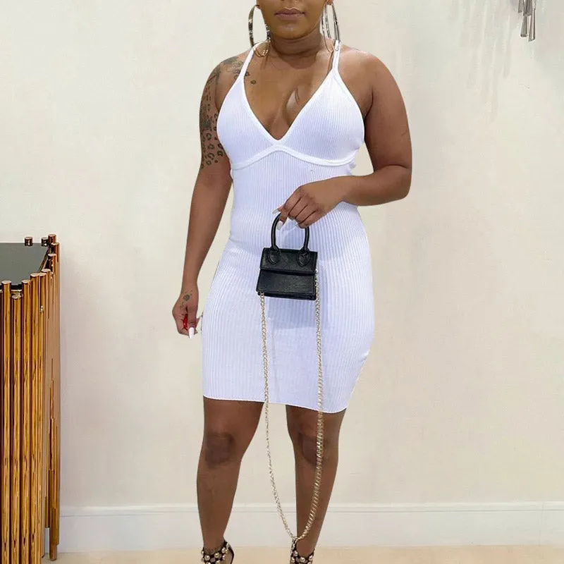 Solid Deep V-Neck Sleeveless Bodycon Dress
