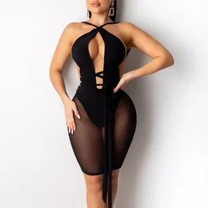Solid Halter Cut Out Sheer Mesh Bandage Bodycon Dress