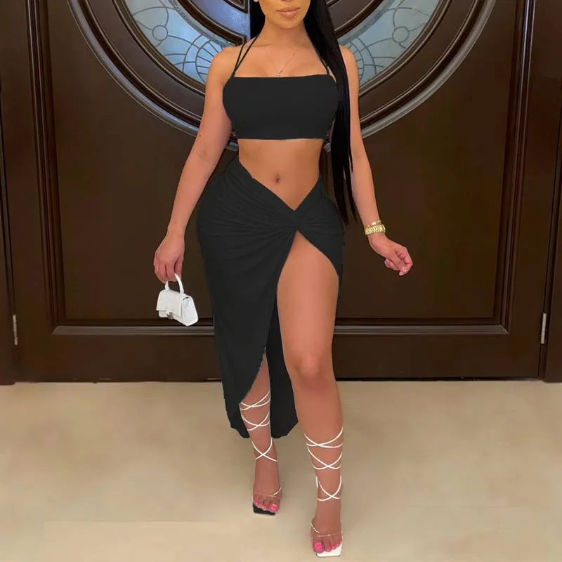Solid Halter Sleeveless Crop Top & Skirt Set