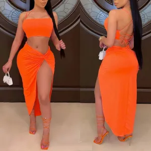 Solid Halter Sleeveless Crop Top & Skirt Set