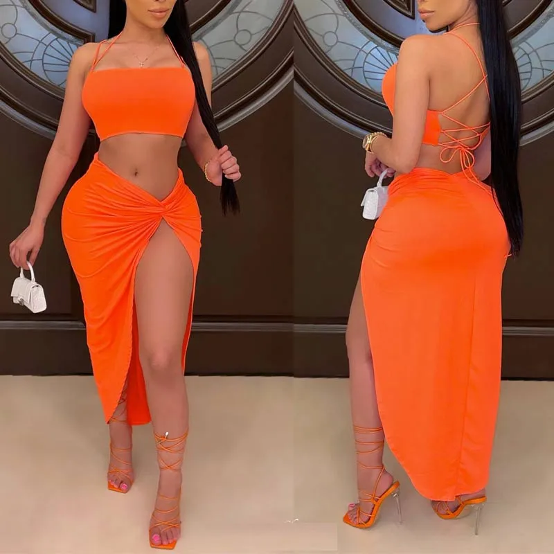 Solid Halter Sleeveless Crop Top & Skirt Set
