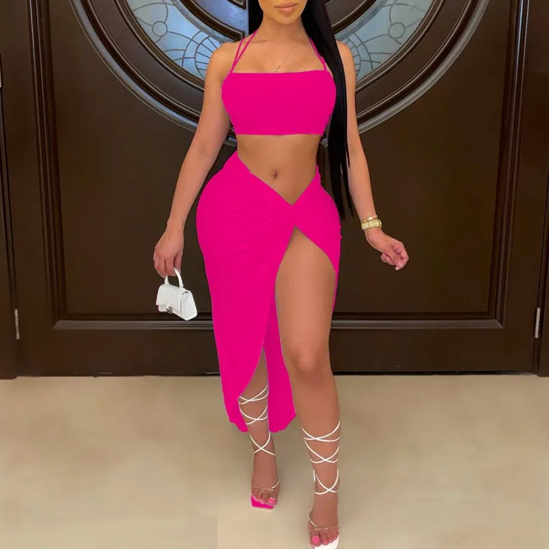 Solid Halter Sleeveless Crop Top & Skirt Set