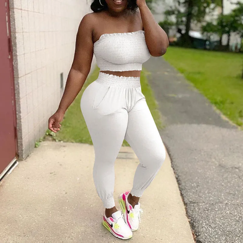 Solid Off Shoulder Tube Top & Pants Set