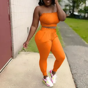 Solid Off Shoulder Tube Top & Pants Set