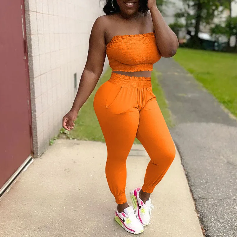 Solid Off Shoulder Tube Top & Pants Set