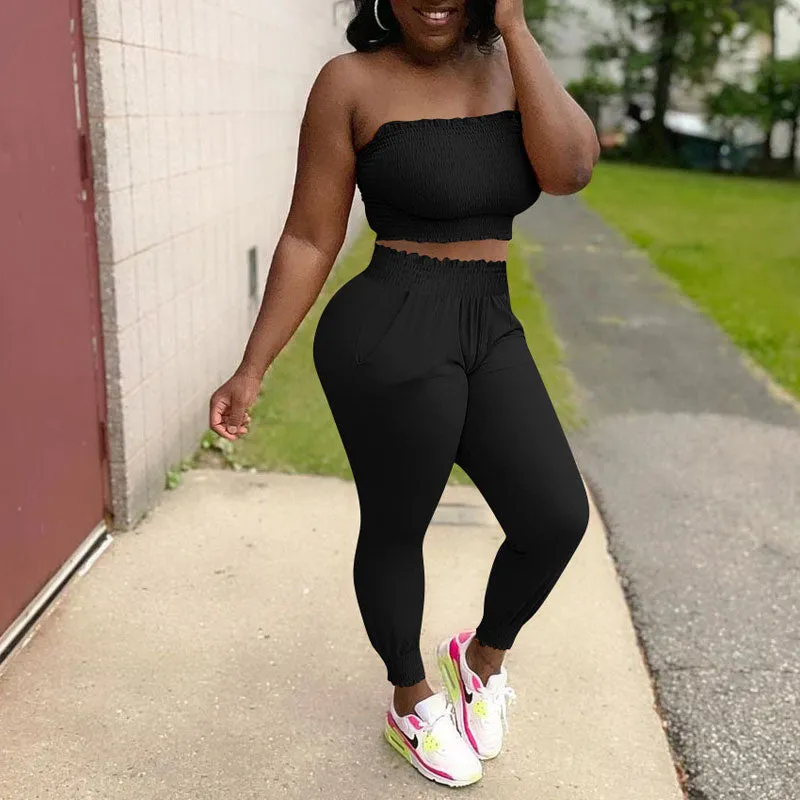 Solid Off Shoulder Tube Top & Pants Set