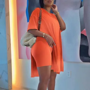Solid Short Sleeve High Split Top & Shorts Set