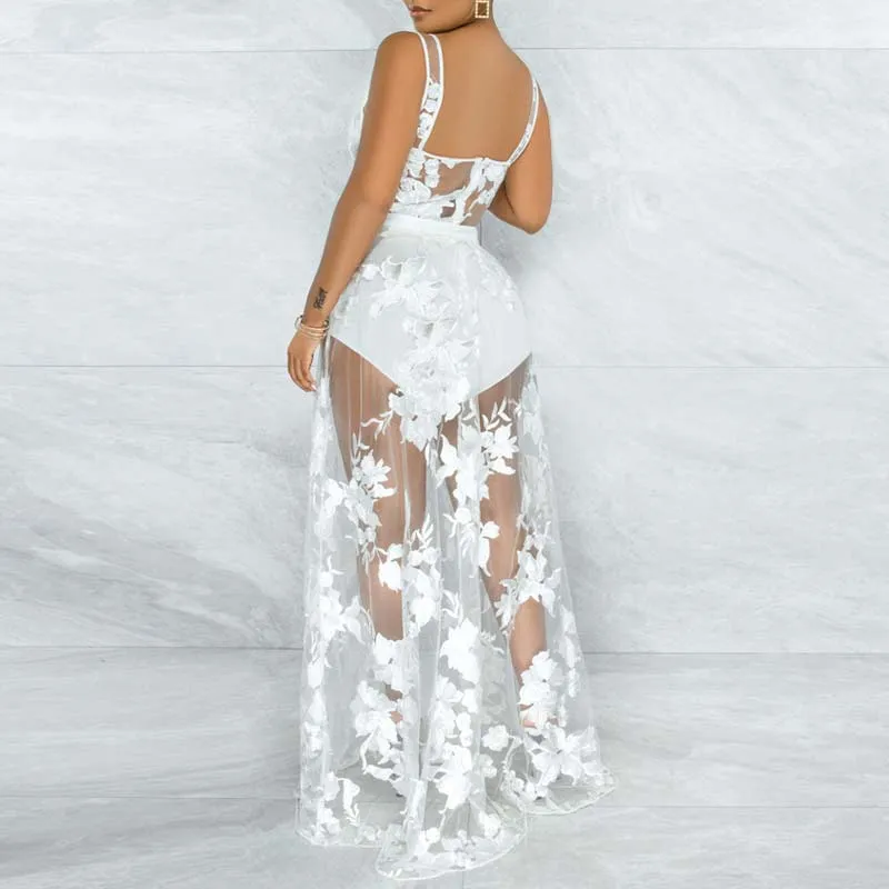 Solid Sleeveless Embroidery Lace Two Piece Dress Set