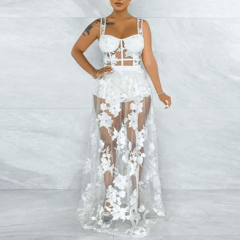 Solid Sleeveless Embroidery Lace Two Piece Dress Set