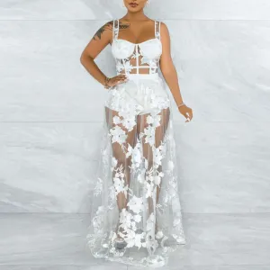 Solid Sleeveless Embroidery Lace Two Piece Dress Set