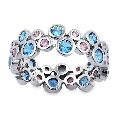 Sterling Silver Aqua Blue & Pink Elegant CZ Ring