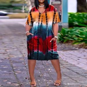 Tie Dye Print Short Sleeve Pocket Design Jumpsuit