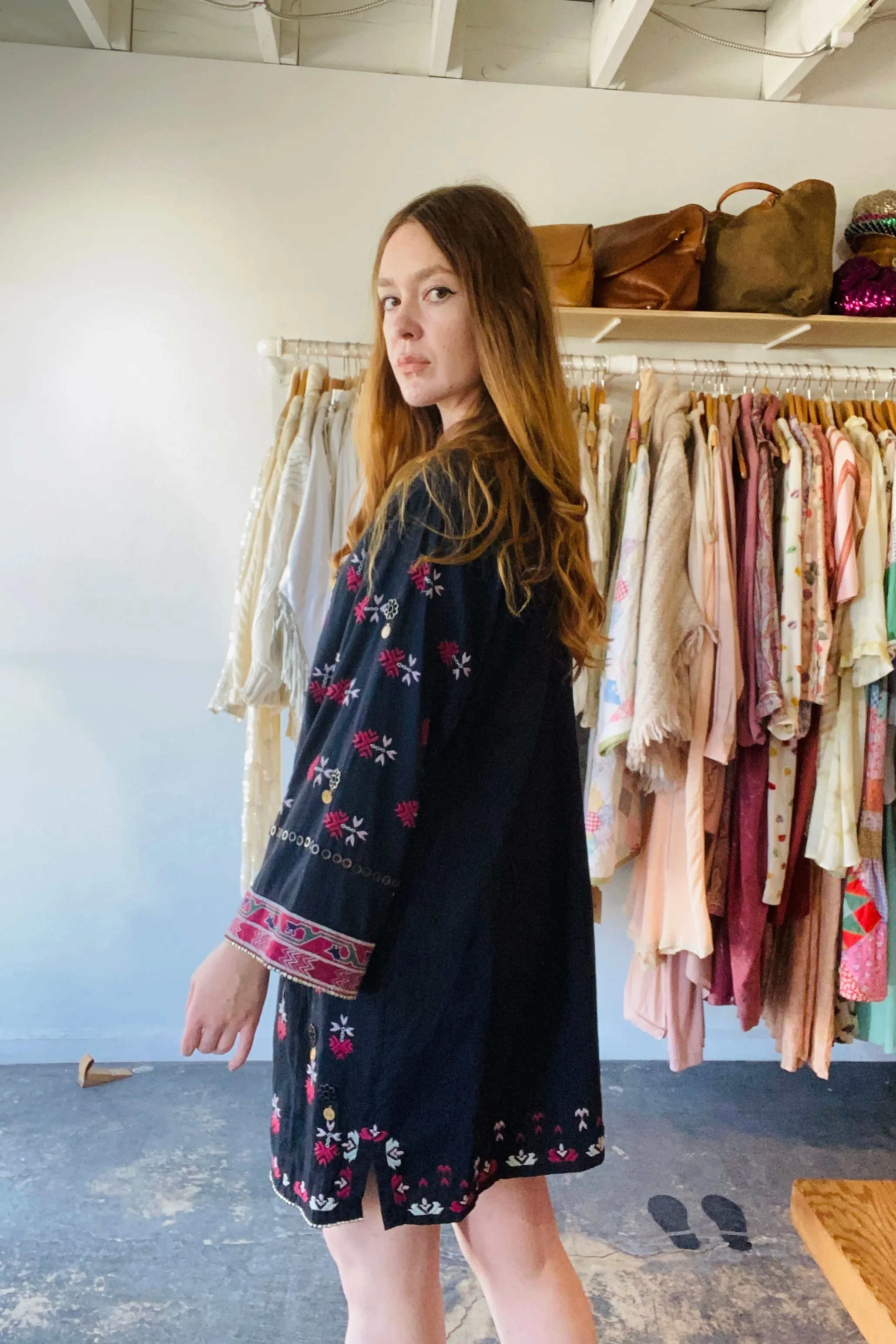 Ulla Johnson Black Dress with Pink and Purple Embroidery and Coins
