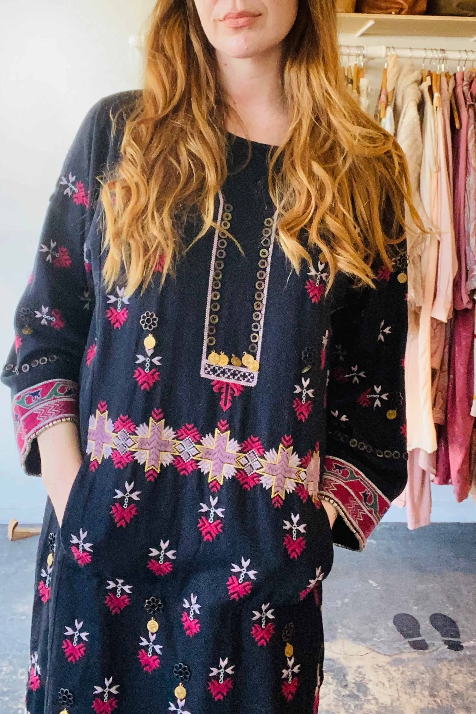 Ulla Johnson Black Dress with Pink and Purple Embroidery and Coins