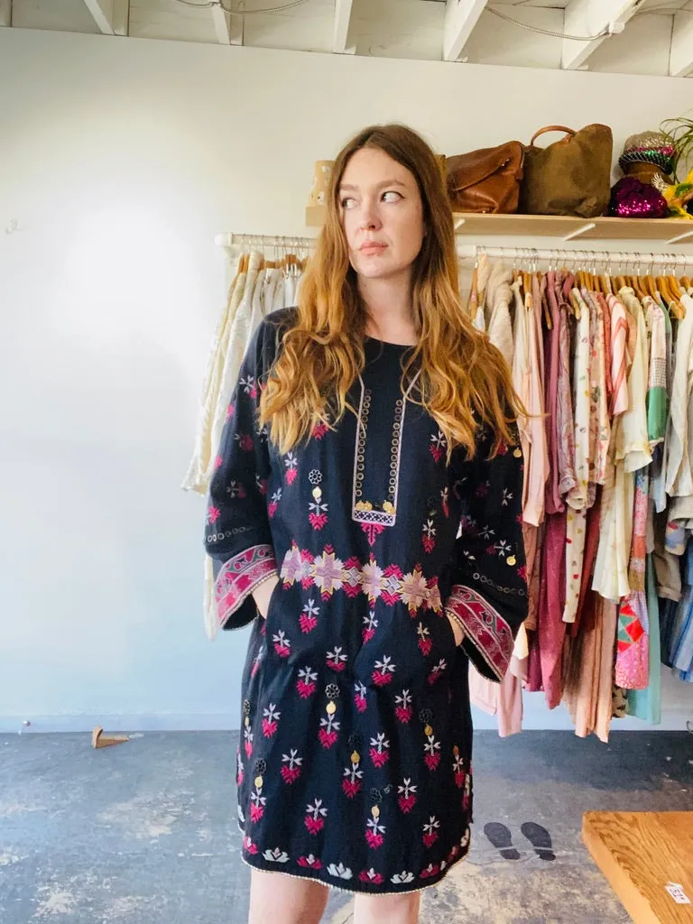 Ulla Johnson Black Dress with Pink and Purple Embroidery and Coins
