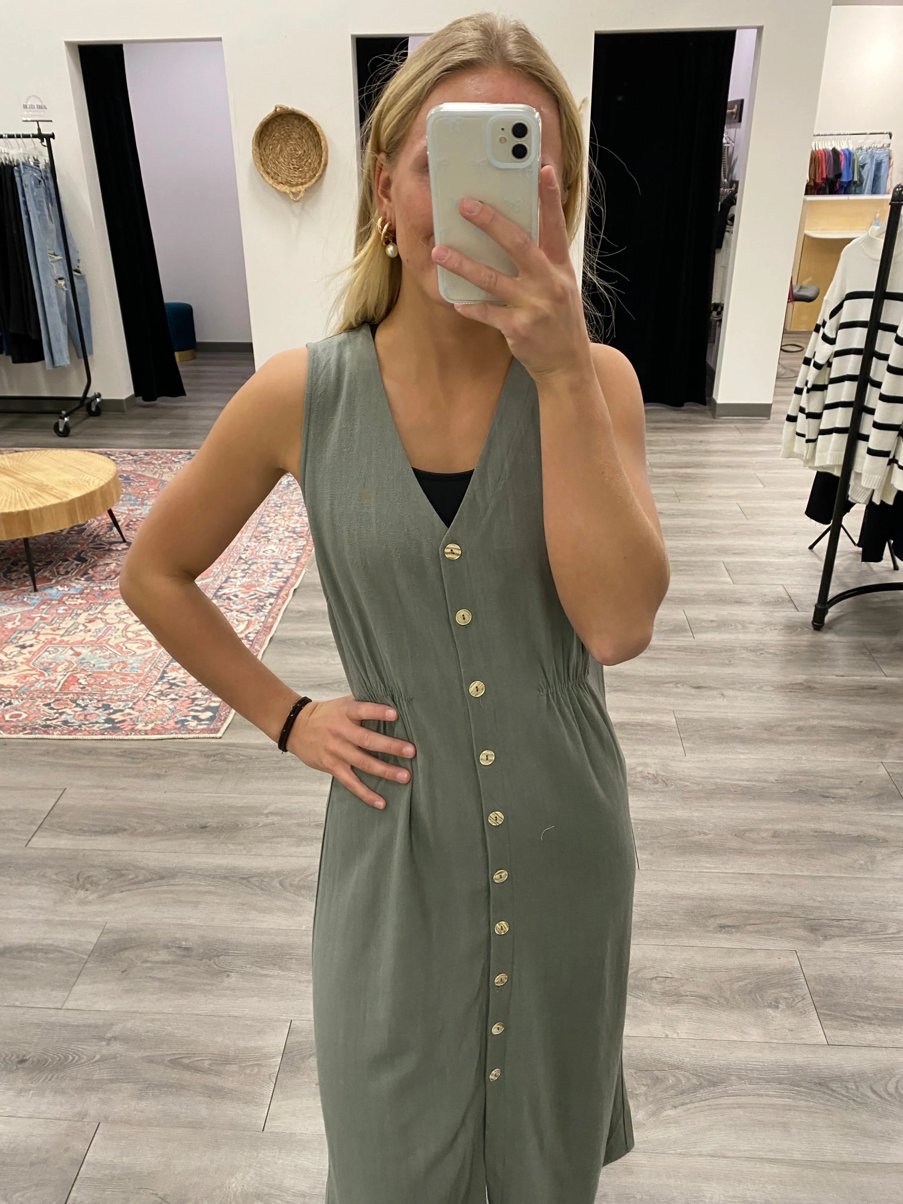 V Neck Button Down Sleeveless Dress