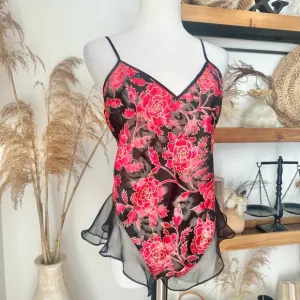 Victoria’s Secret Gold Label Floral Sheer Black Red Bodysuit lingerie high leg
