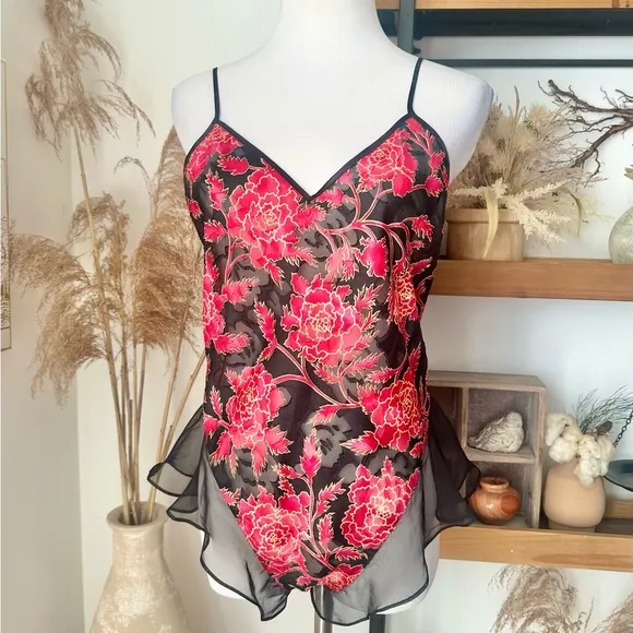 Victoria’s Secret Gold Label Floral Sheer Black Red Bodysuit lingerie high leg