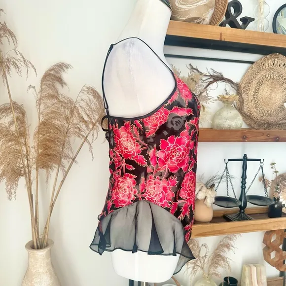 Victoria’s Secret Gold Label Floral Sheer Black Red Bodysuit lingerie high leg