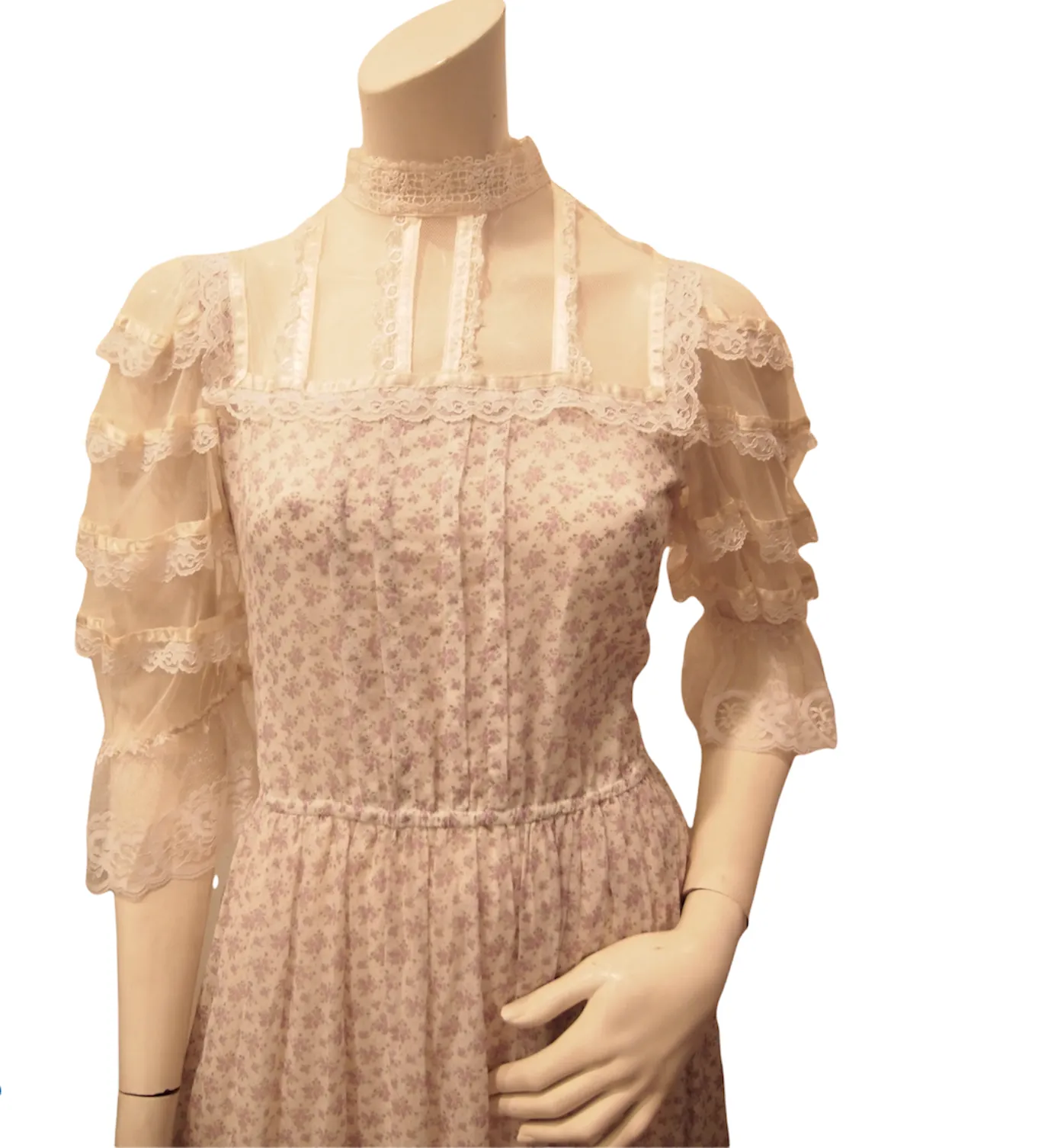 Vintage Gunne Sax Tiny Lavender Florals on White maxi Hippie Dress with Sheer Lace Sleeve