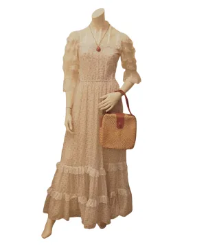 Vintage Gunne Sax Tiny Lavender Florals on White maxi Hippie Dress with Sheer Lace Sleeve