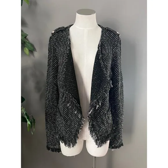 White House Black Market Black Knit Tweed Raw Hem Open Jacket Size Medium