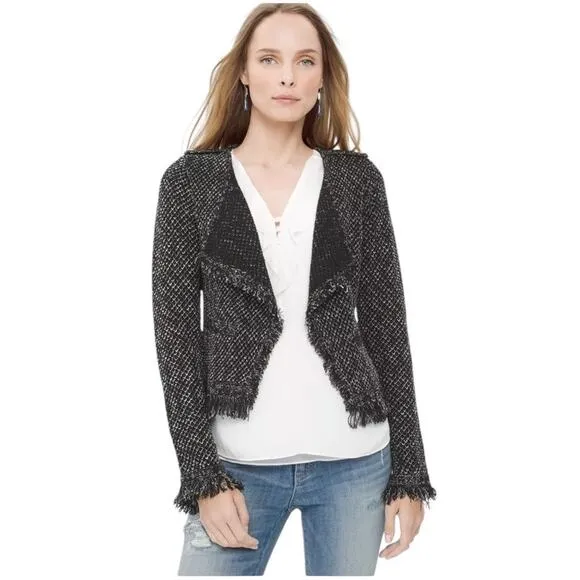 White House Black Market Black Knit Tweed Raw Hem Open Jacket Size Medium