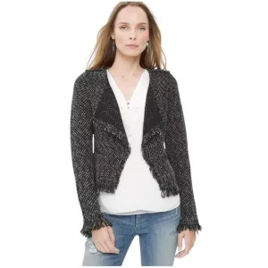 White House Black Market Black Knit Tweed Raw Hem Open Jacket Size Medium