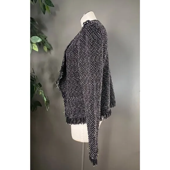 White House Black Market Black Knit Tweed Raw Hem Open Jacket Size Medium