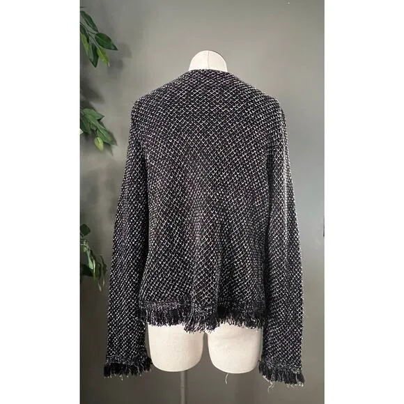White House Black Market Black Knit Tweed Raw Hem Open Jacket Size Medium