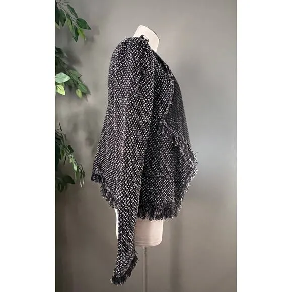 White House Black Market Black Knit Tweed Raw Hem Open Jacket Size Medium