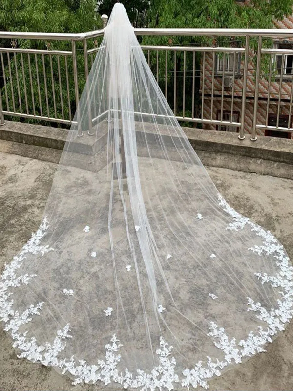 White Lace Appliques Wedding Veils One-Tier Tulle Waterfall Bridal Veils