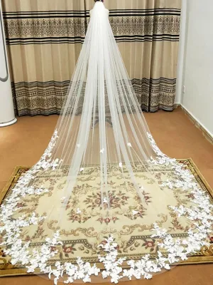 White Lace Appliques Wedding Veils One-Tier Tulle Waterfall Bridal Veils