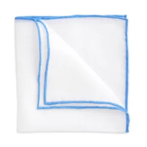 White Linen Pocket Square with Lt. Blue Trim