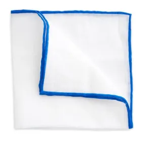 White Linen Pocket Square with Royal Blue Trim