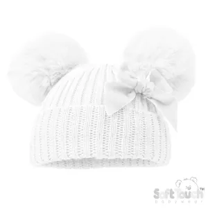 White Velvet Bow Pom Pom Hat