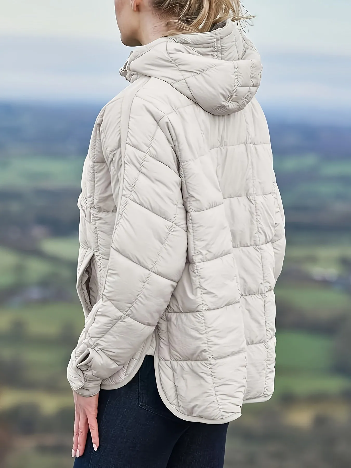 Womens Oversized Quilted Hooded Pullover Jacket