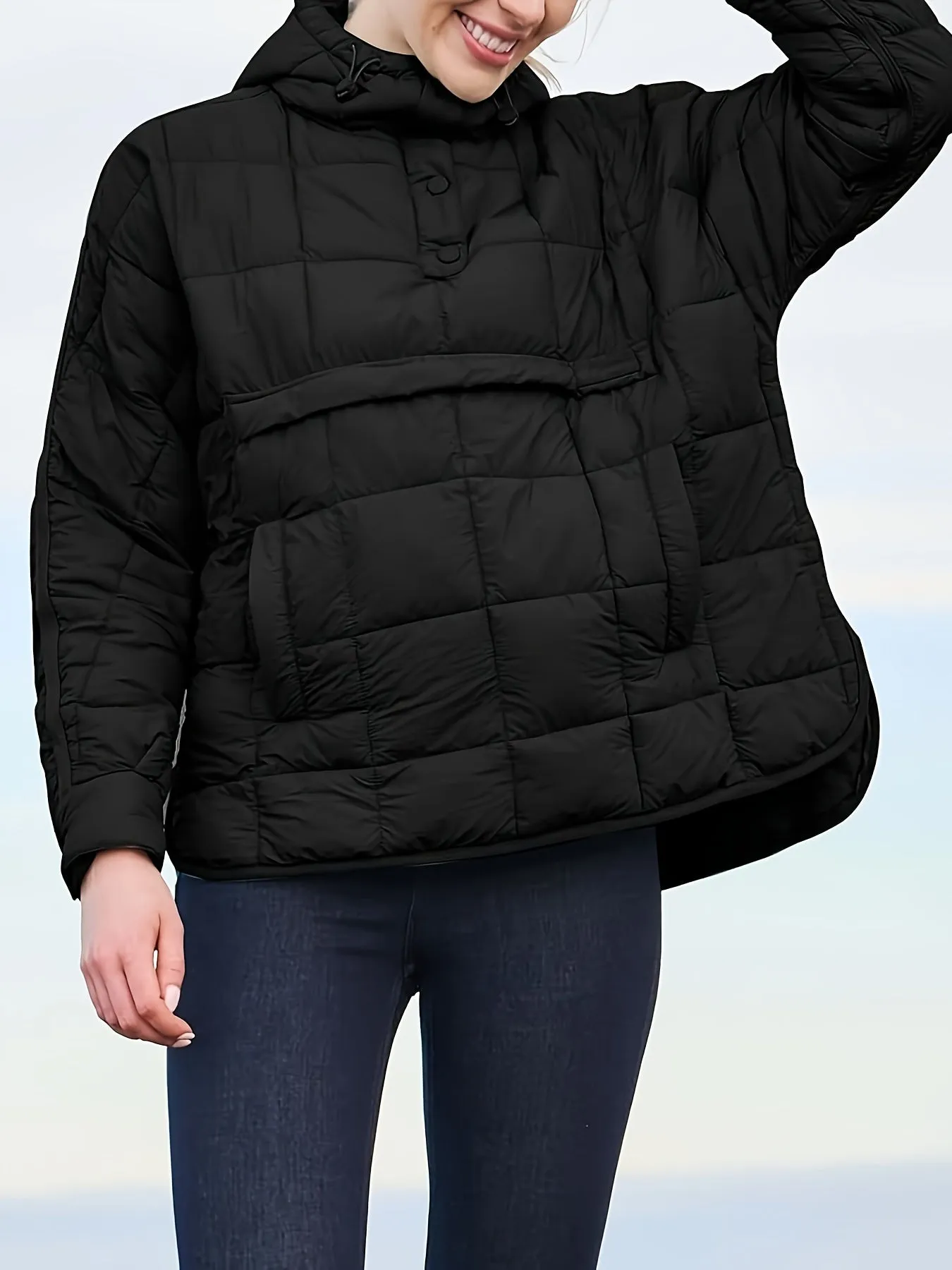 Womens Oversized Quilted Hooded Pullover Jacket