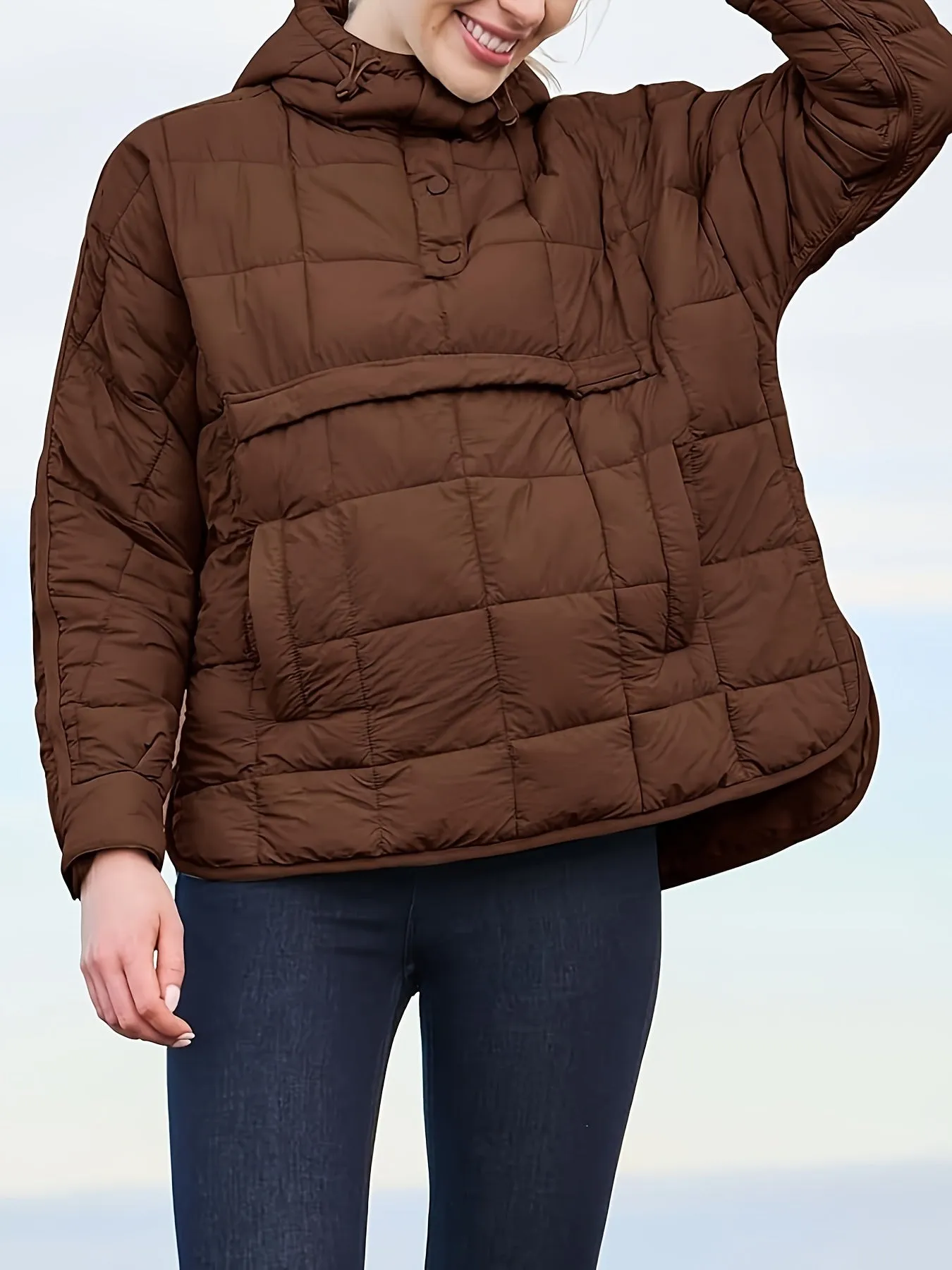 Womens Oversized Quilted Hooded Pullover Jacket