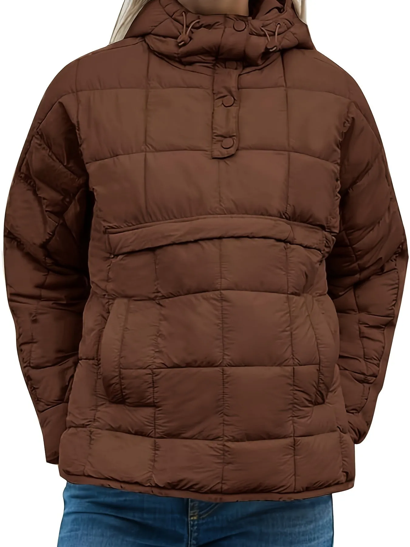 Womens Oversized Quilted Hooded Pullover Jacket