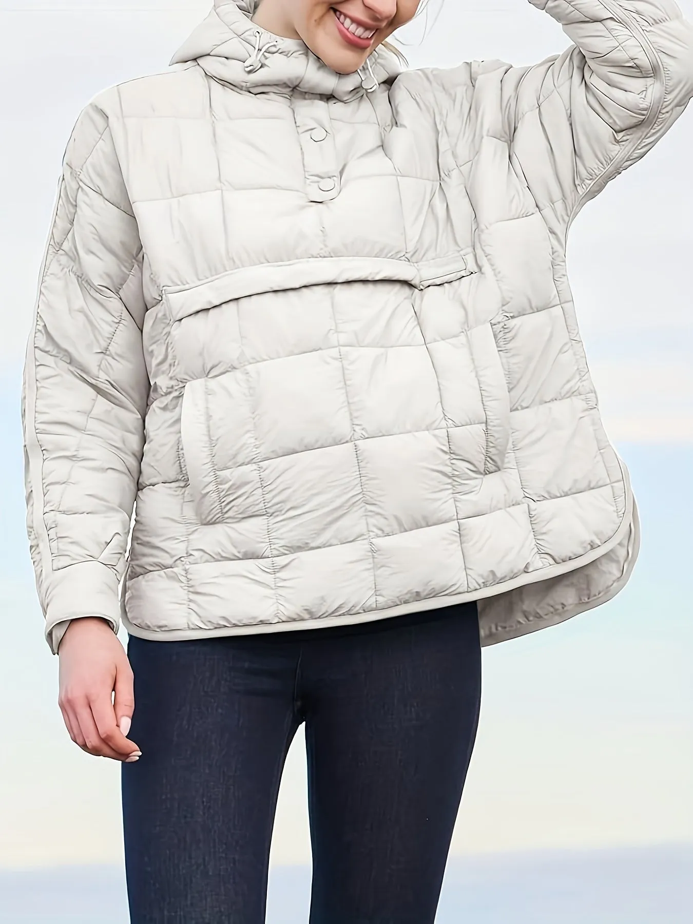 Womens Oversized Quilted Hooded Pullover Jacket