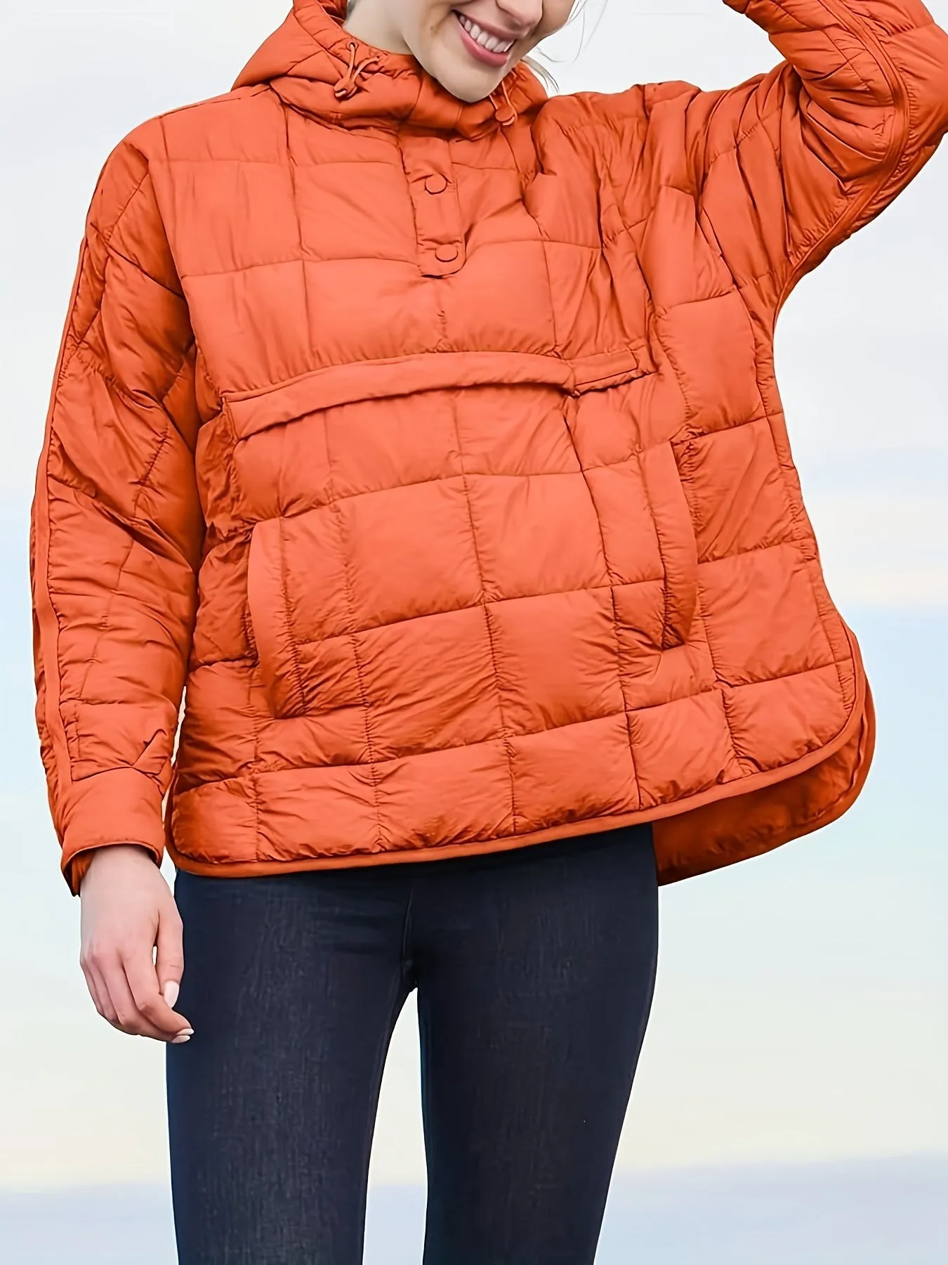 Womens Oversized Quilted Hooded Pullover Jacket