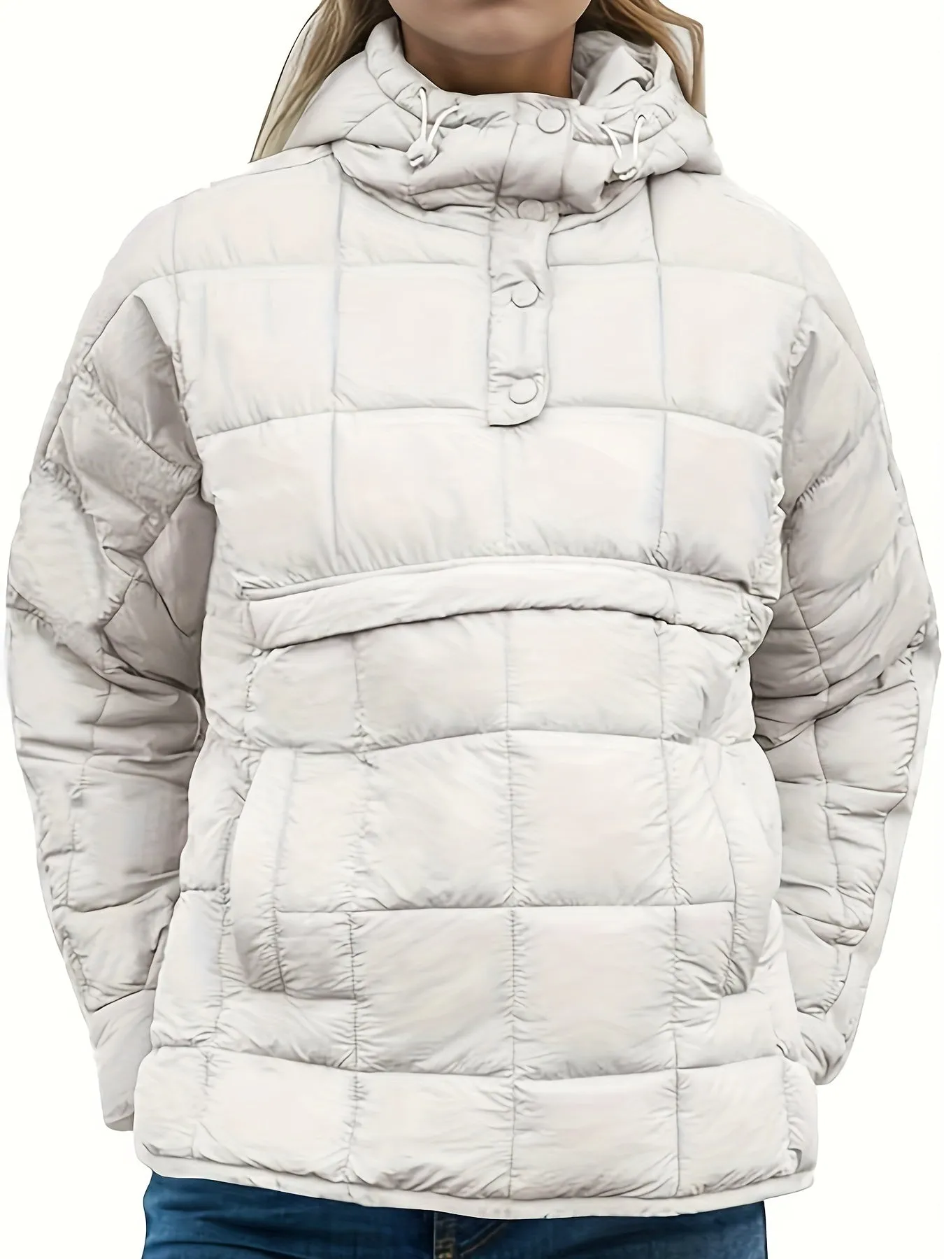 Womens Oversized Quilted Hooded Pullover Jacket