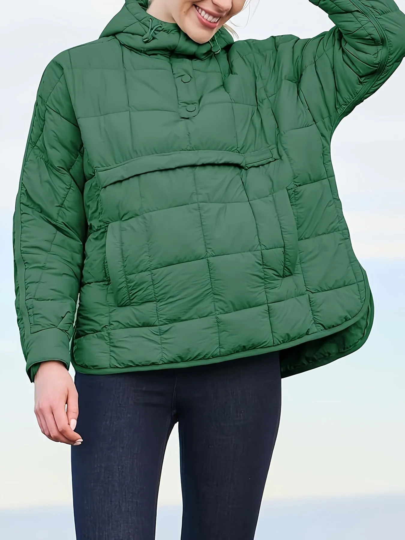 Womens Oversized Quilted Hooded Pullover Jacket