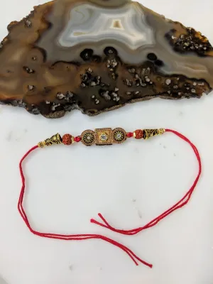 Wood Pendant Rakhi with Stone Rudraksh Gold Beads Multicolor Thread Rakhi for Men