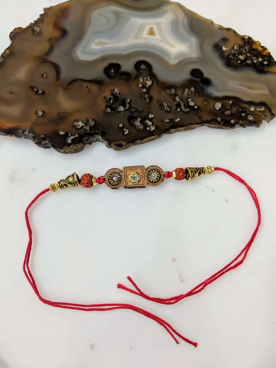 Wood Pendant Rakhi with Stone Rudraksh Gold Beads Multicolor Thread Rakhi for Men