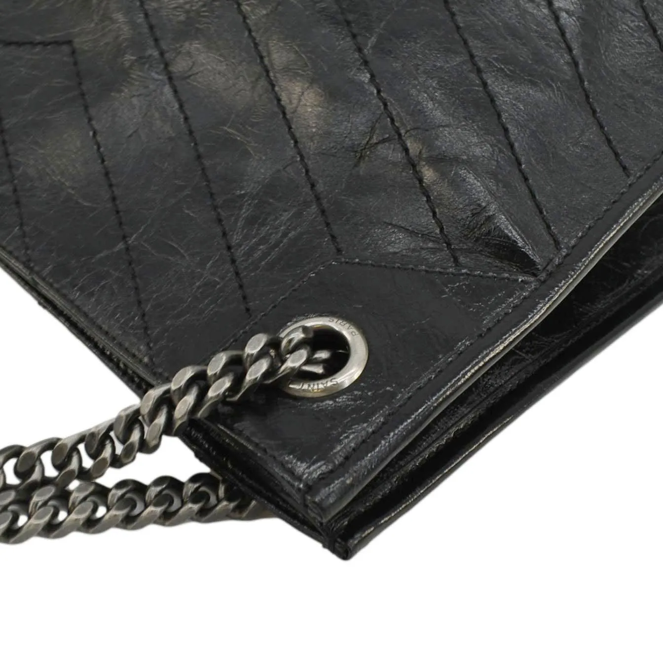 YVES SAINT LAURENT Niki  Crinkle Leather Shopper Tote Bag Black