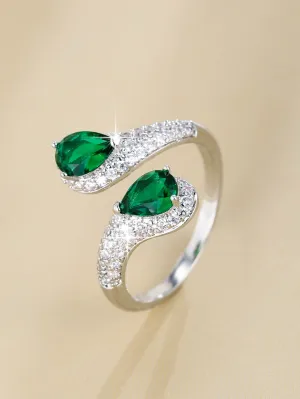 Zircon Water-drop Decor Cuff Ring  - Silver - FD ⚡